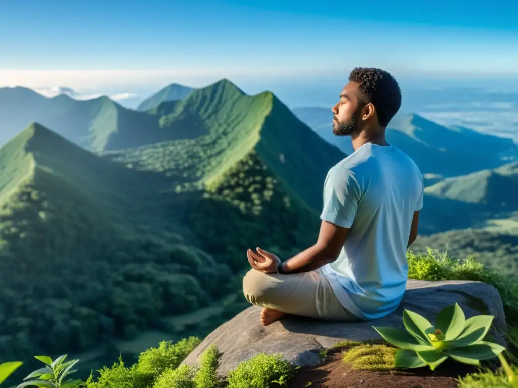 Meditación en la cima: paz interior y bienestar Persona meditando en la cima de la montaña, rodeada de naturaleza exuberante y cielo azul