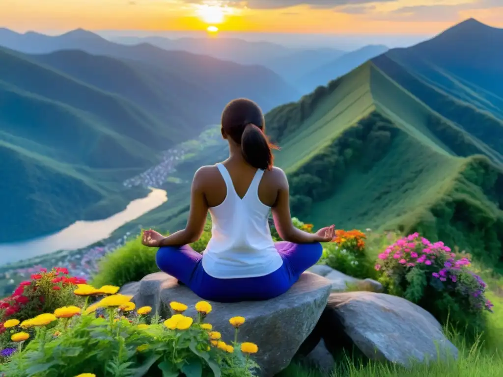 Persona meditando en la cima de la montaña, rodeada de naturaleza exuberante y flores coloridas al atardecer, transmite calma y paz interior