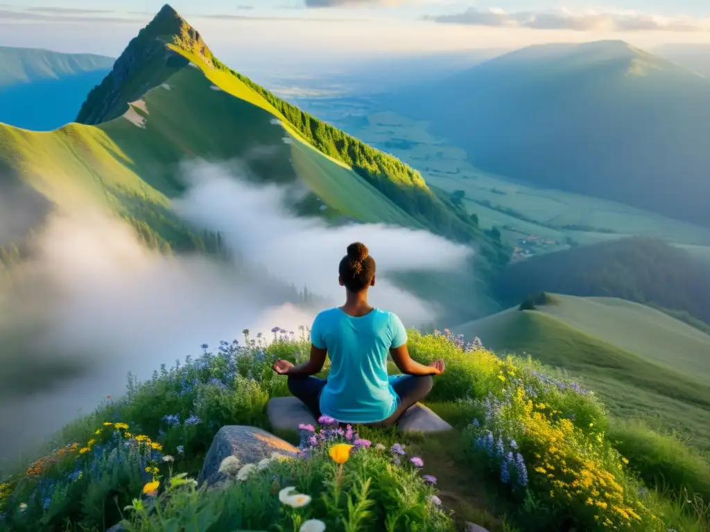 Persona meditando en la cima de la montaña, rodeada de naturaleza exuberante