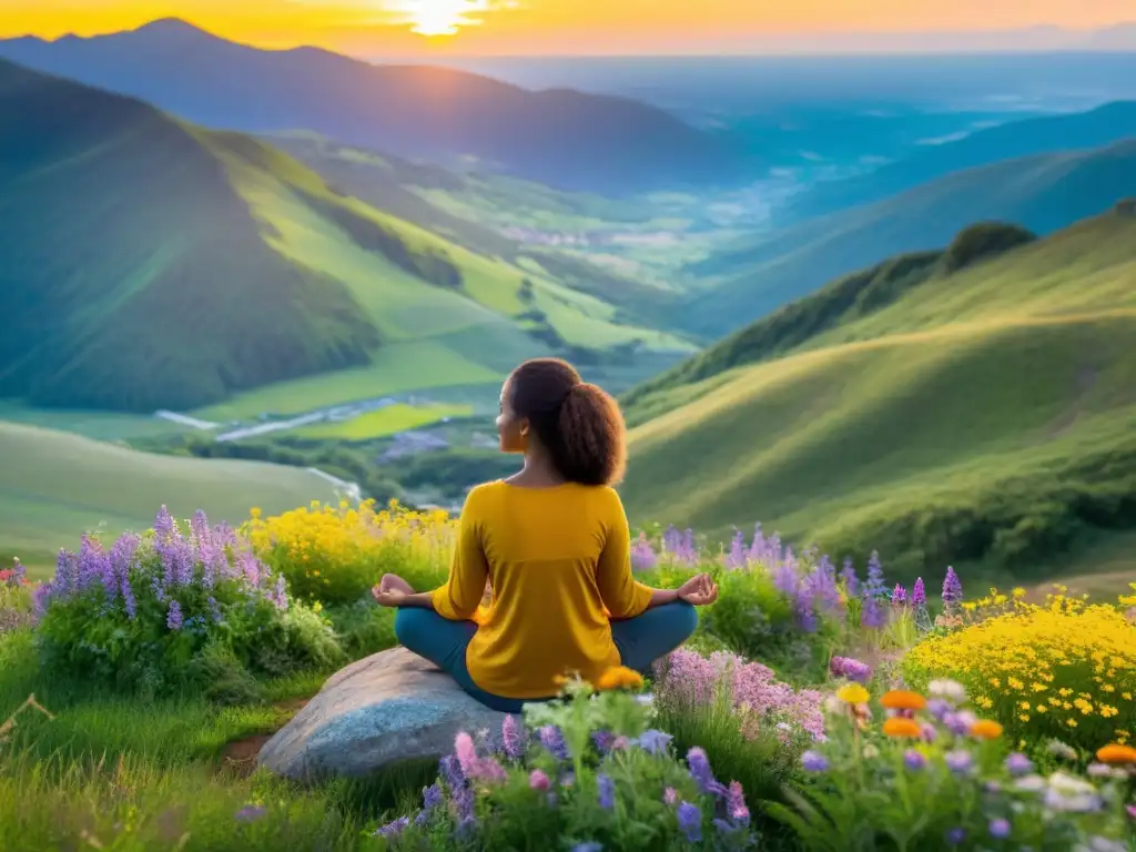 Paz interior en la cima: meditación entre flores silvestres al atardecer Persona meditando en la cima de la montaña, rodeada de flores silvestres, con el sol poniéndose al fondo
