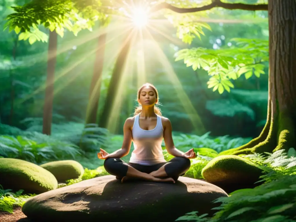Meditación en el bosque: armonía y serenidad en la naturaleza Persona meditando en un claro del bosque, rodeada de árboles verdes y luz solar