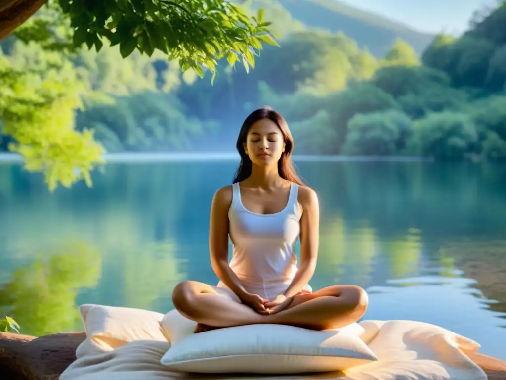 Mediación de coherencia cardíaca: Serenidad en la naturaleza Persona en meditación de coherencia cardíaca, rodeada de luz cálida y naturaleza tranquila, practicando la meditación para fortalecer la inmunidad