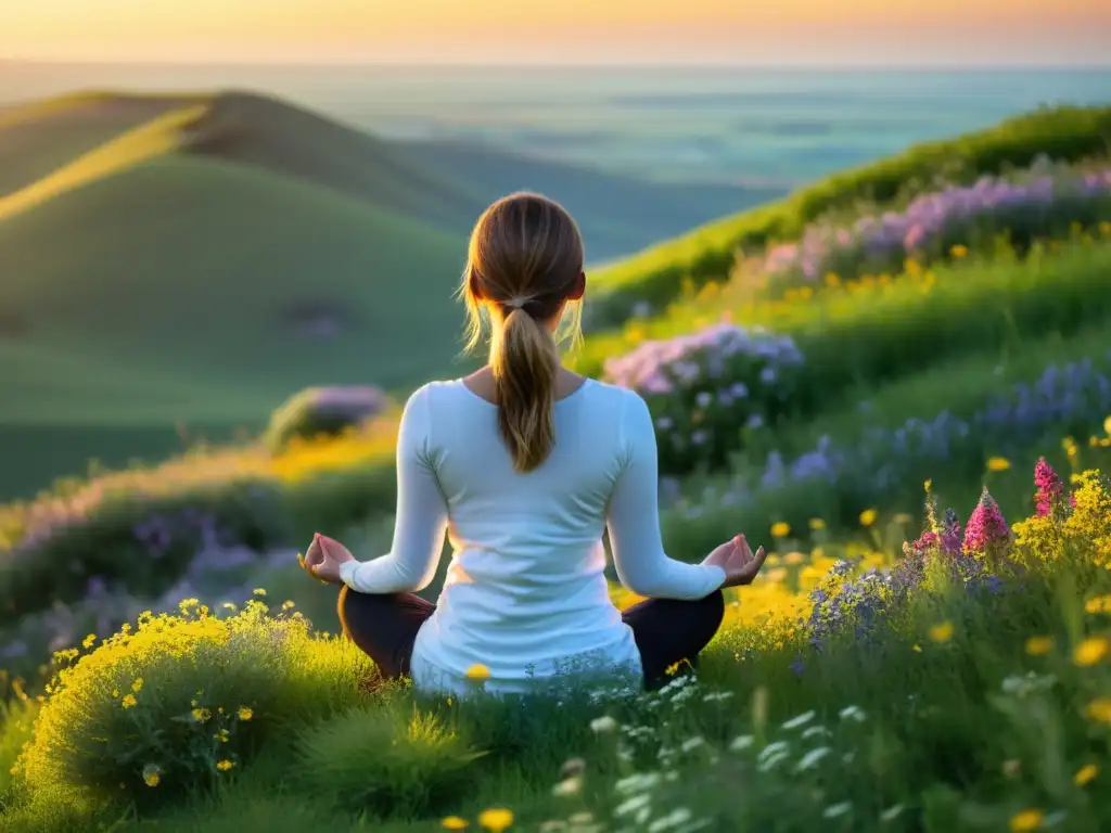 Meditación al atardecer: conexión con la naturaleza Persona meditando en colina verde, rodeada de flores silvestres al atardecer