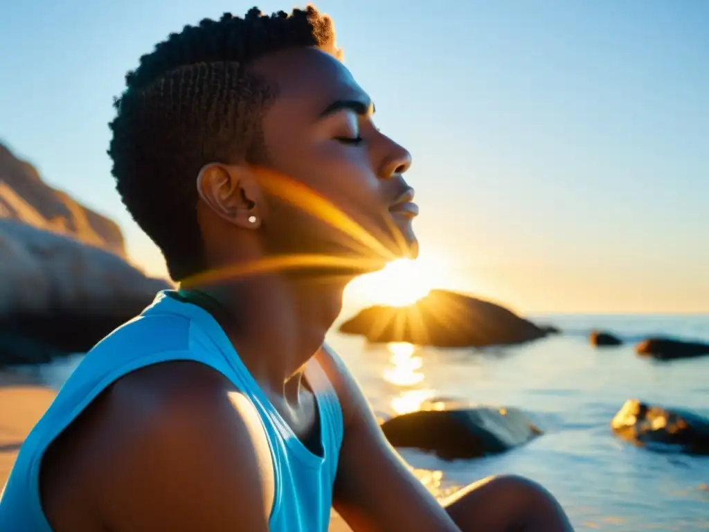 Persona meditando junto al mar, bajo el sol Una persona practica respiración consciente junto al mar, equilibrando su sistema inmune con el sol y la naturaleza