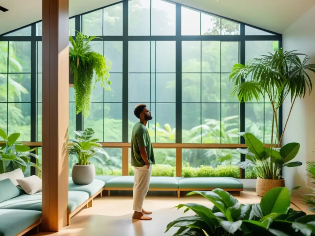 Una persona contemplativa en una habitación luminosa y llena de plantas, transmitiendo paz y bienestar, ideal para un plan de salud para sistema inmunológico