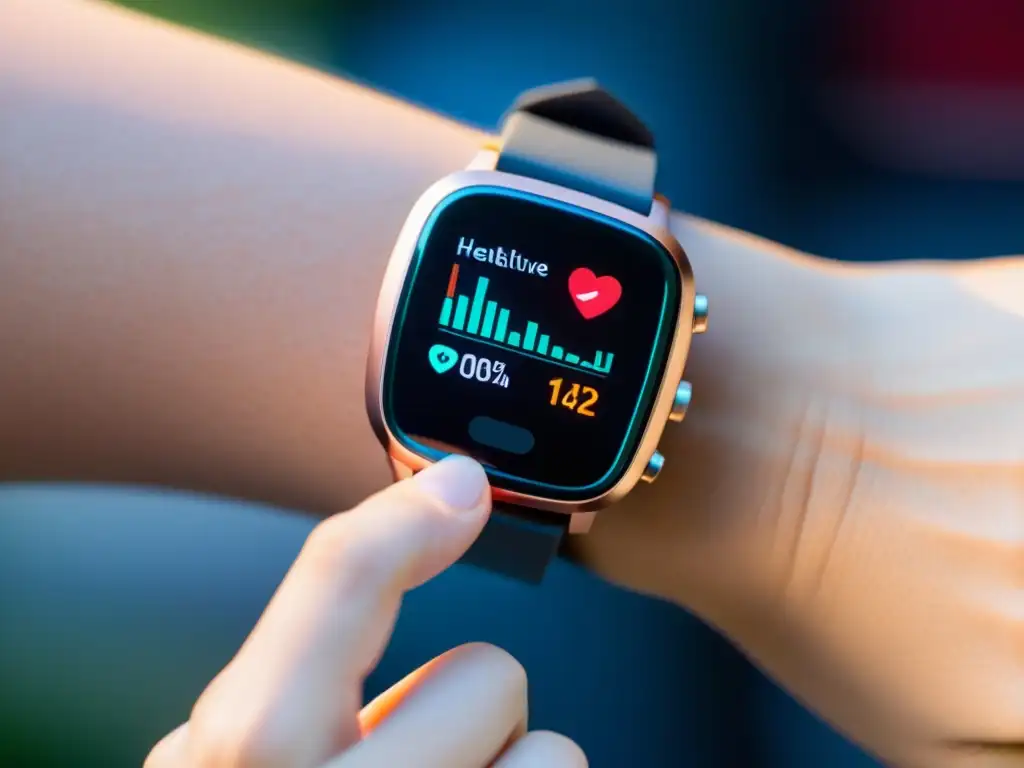 Persona con wearables mostrando datos de salud en un entorno médico futurista