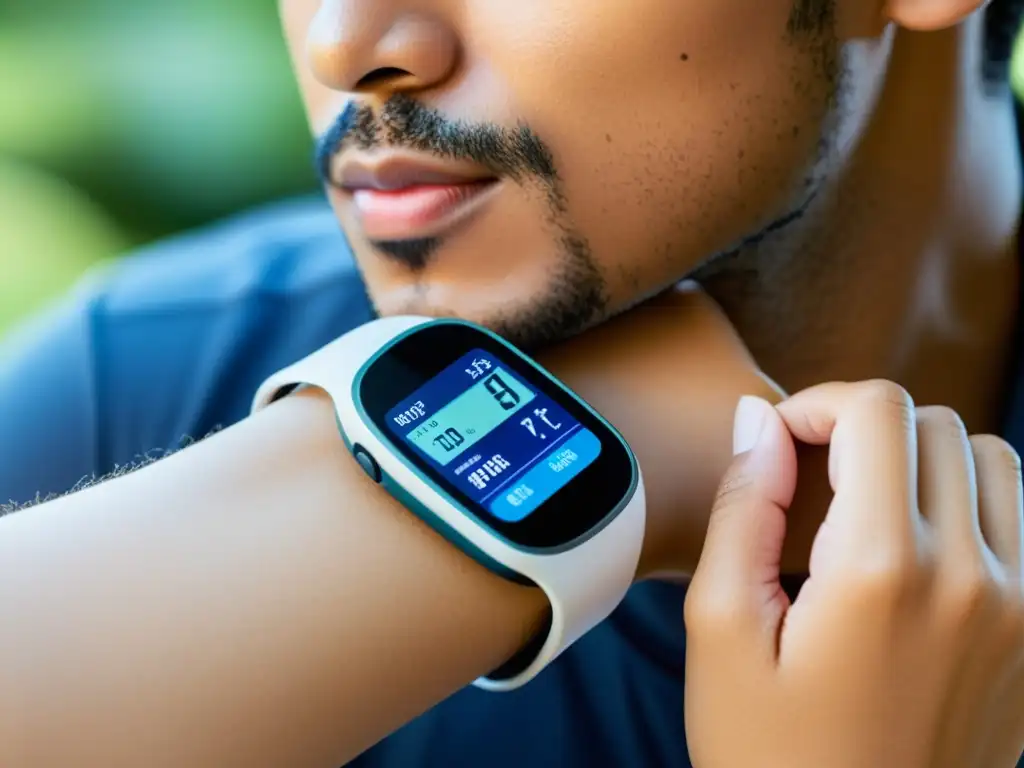 Vida diaria con diabetes tipo 1: tecnología avanzada para un mejor manejo Persona con diabetes tipo 1 utilizando avanzado sistema de monitoreo continuo de glucosa