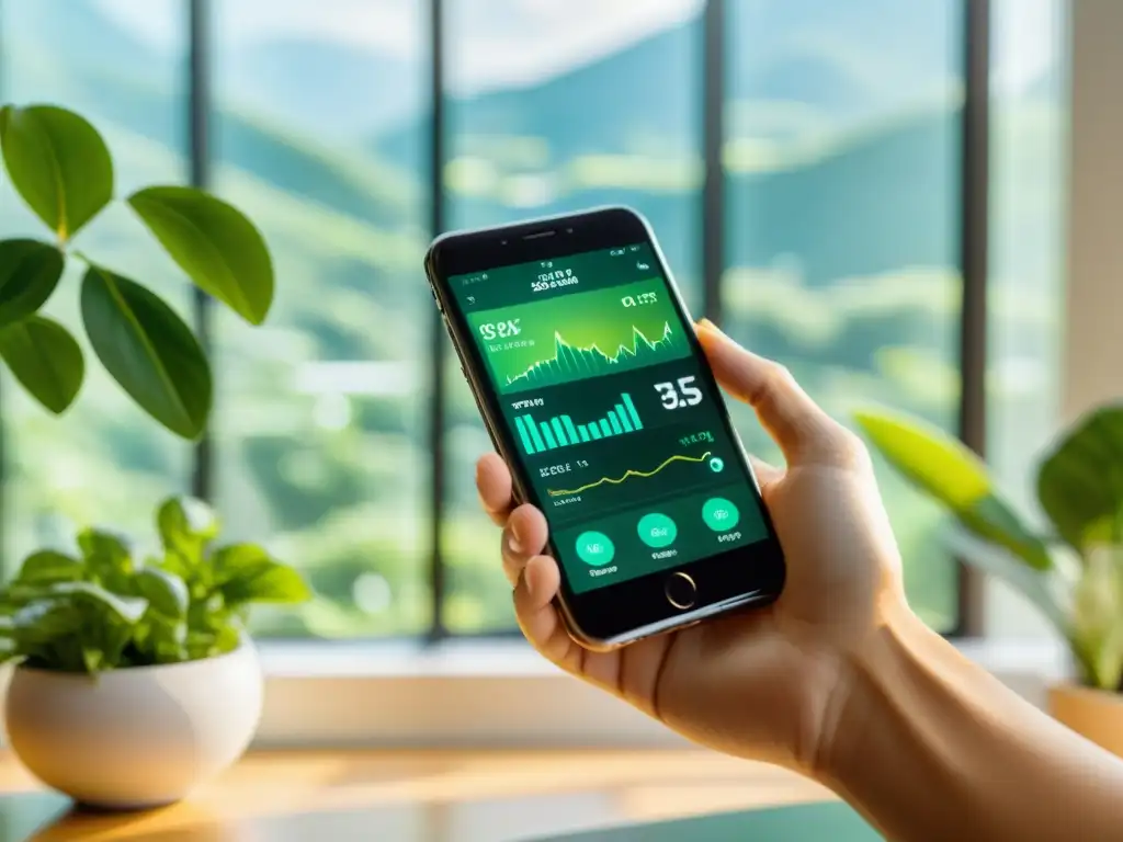 Aplicación fitness: Empoderamiento en 8k Persona usando aplicación para equilibrar dieta, ejercicio y descanso en ambiente luminoso con plantas verdes