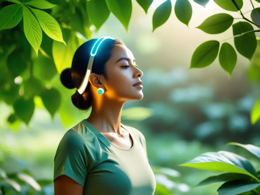 Dispositivo biofeedback muestra datos inmunes en entorno natural Una persona practica mindfulness con un dispositivo de biofeedback inmunológico en un entorno natural, gestionando el estrés