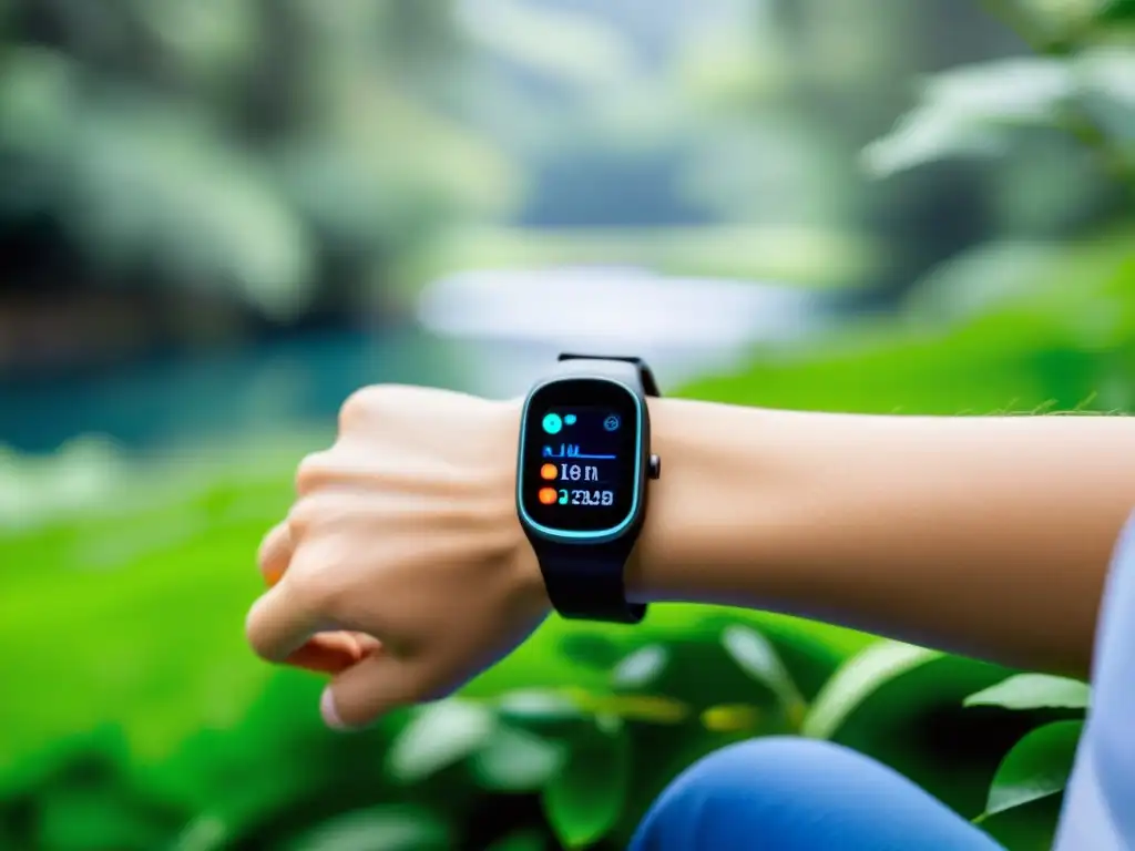 Biofeedback para el estrés y la salud inmune en la naturaleza Persona con dispositivo de biofeedback inmunológico para gestionar estrés, en entorno natural tranquilo