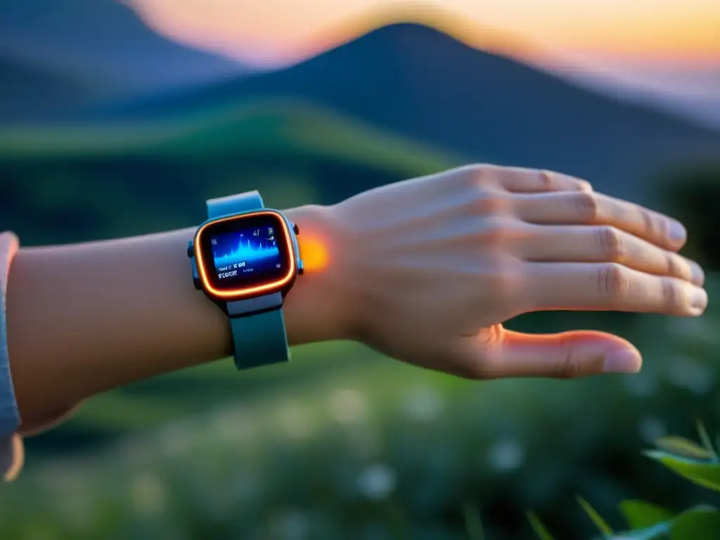 Dispositivo biofeedback futurista en mano Persona con dispositivo biofeedback inmunológico en paisaje tranquilo