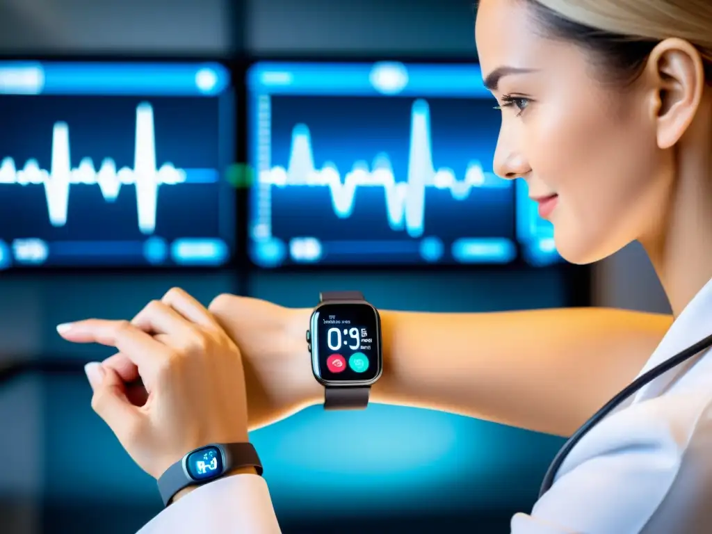 Avances en Telemedicina Inmunológica: Wearables y Tecnología Médica Persona con dispositivo médico moderno en la muñeca, mostrando datos de salud