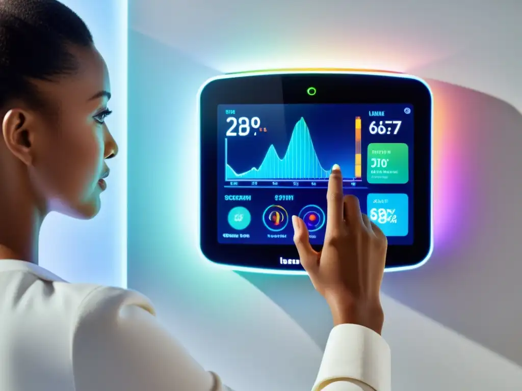 Persona usando dispositivo monitoreo inmunológico en casa, integrado a la vida diaria con tecnología avanzada