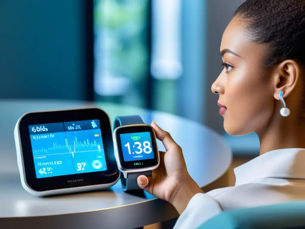 Consultorio médico virtual: monitoreo de salud futurista Persona usando dispositivo de monitoreo de salud en consulta remota de telemedicina para consultas inmunológicas