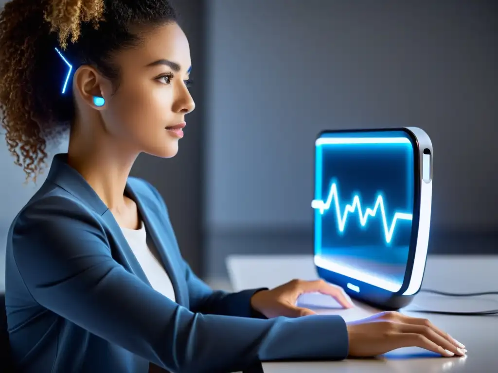 Dispositivo ECG portátil: integración tecnológica en la vida diaria Persona usando dispositivo ECG portátil en actividades diarias, resalta diseño futurista y salud inmunológica