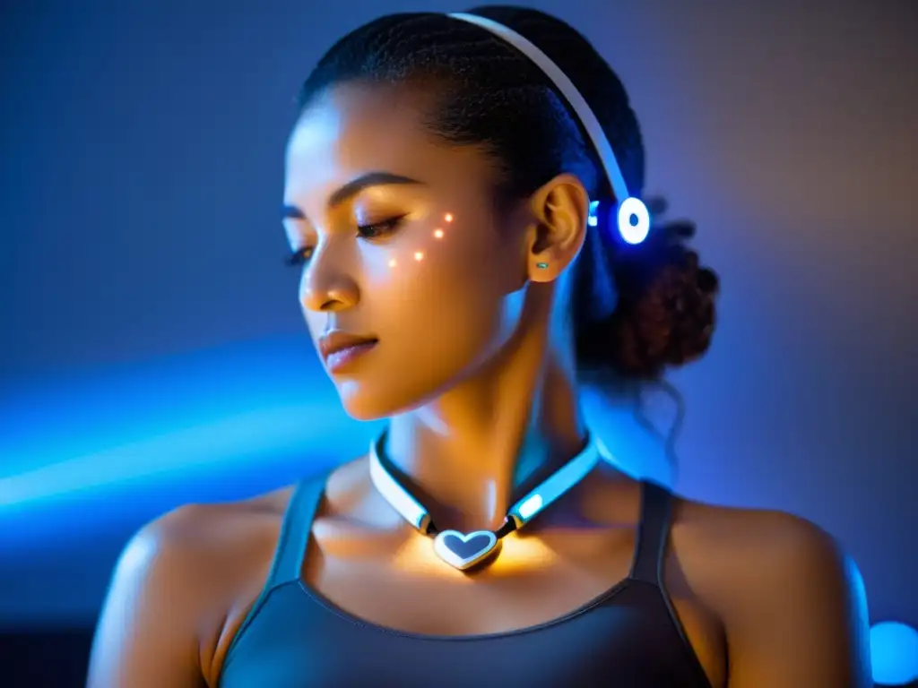Persona con dispositivo biofeedback, rodeada de ambiente futurista y relajante