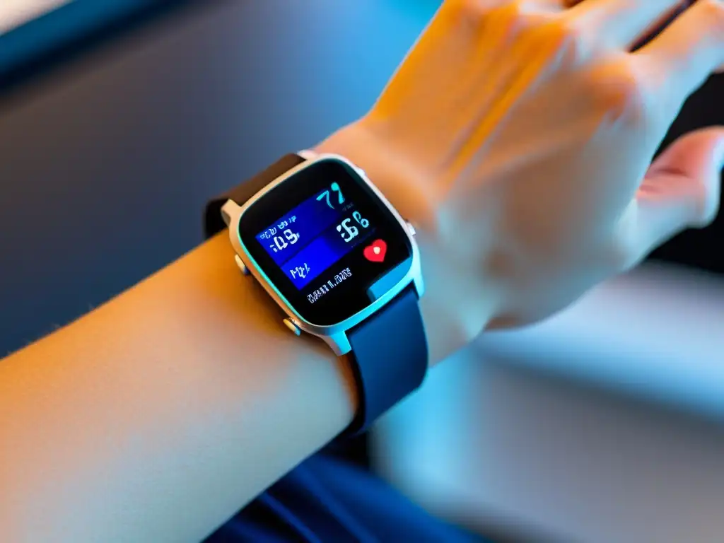 Monitoreo de salud futurista con dispositivo wearable de alta tecnología Persona usando un dispositivo de salud en la muñeca, mostrando datos de salud en un entorno futurista