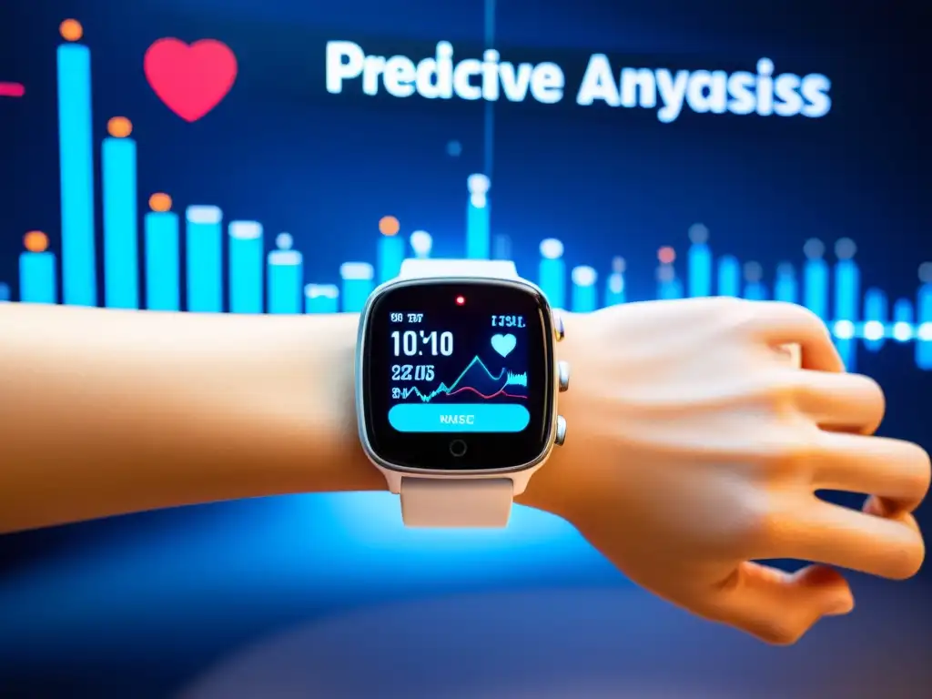 Una persona lleva un dispositivo de última tecnología en la muñeca, capturando datos de salud en un entorno futurista
