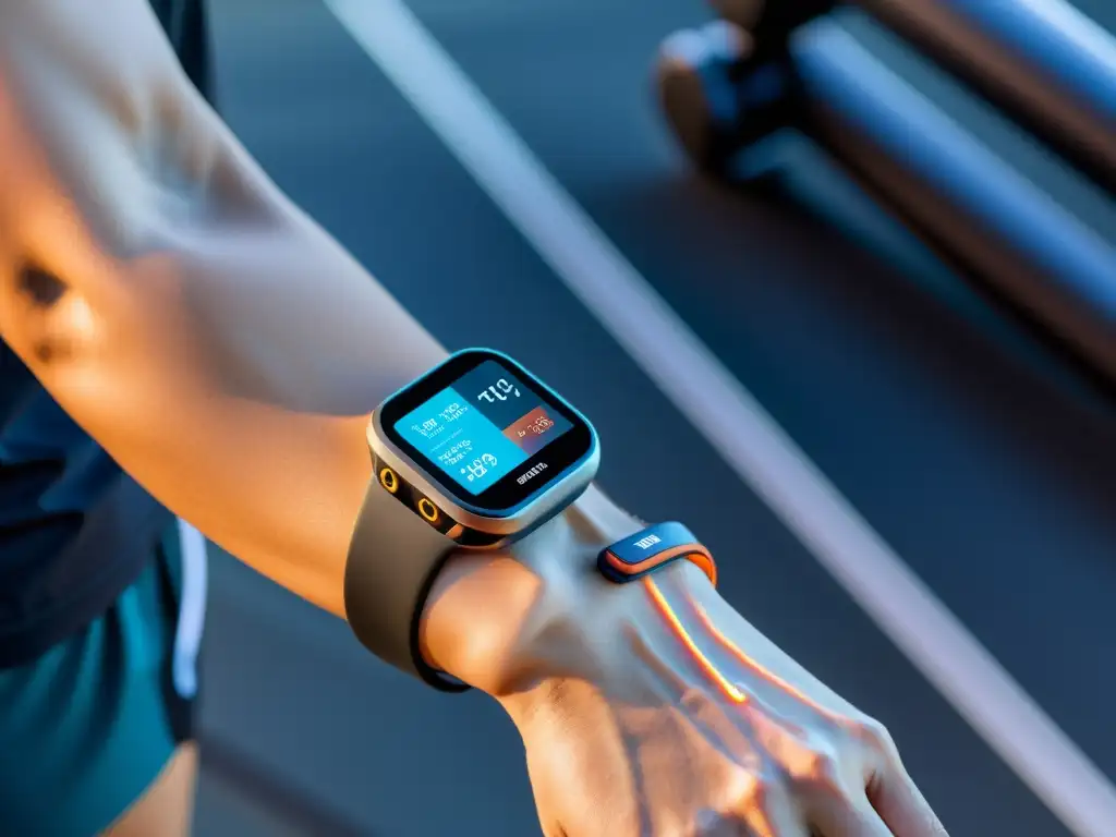 Medición inmunitaria: wearable de alta tecnología en ejercicio Una persona usando un dispositivo wearable avanzado para medir la respuesta inmune durante el ejercicio, en un entorno futurista de entrenamiento