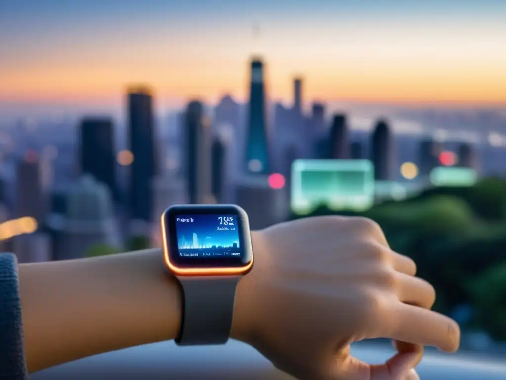 Monitor de aire futurista en la ciudad: salud ambiental en tiempo real Una persona con un dispositivo wearable muestra datos de calidad del aire en la ciudad, transmitiendo preocupación y empoderamiento