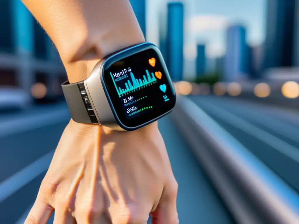 Monitoreo inmune en la ciudad del futuro: Datos de salud en wearables Persona con dispositivo wearable mostrando datos de salud en entorno futurista, integrando wearables en investigación inmunológica