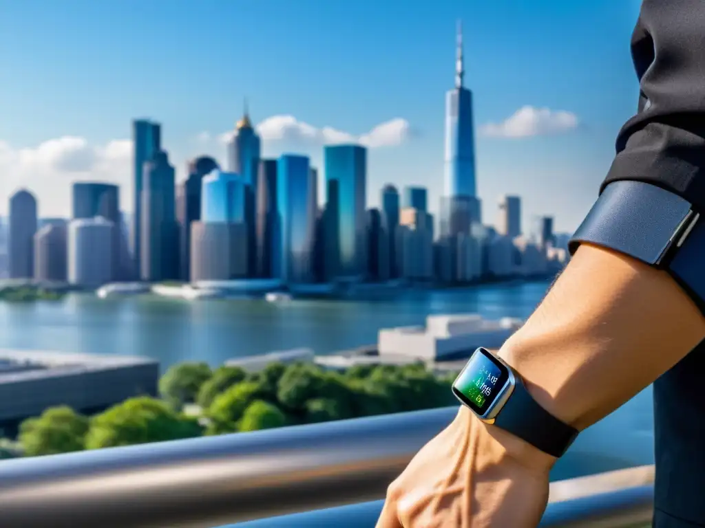 Monitoreo de calidad del aire en la ciudad Persona con un dispositivo wearable mostrando datos de calidad del aire en la ciudad, transmitiendo preocupación por la salud ambiental