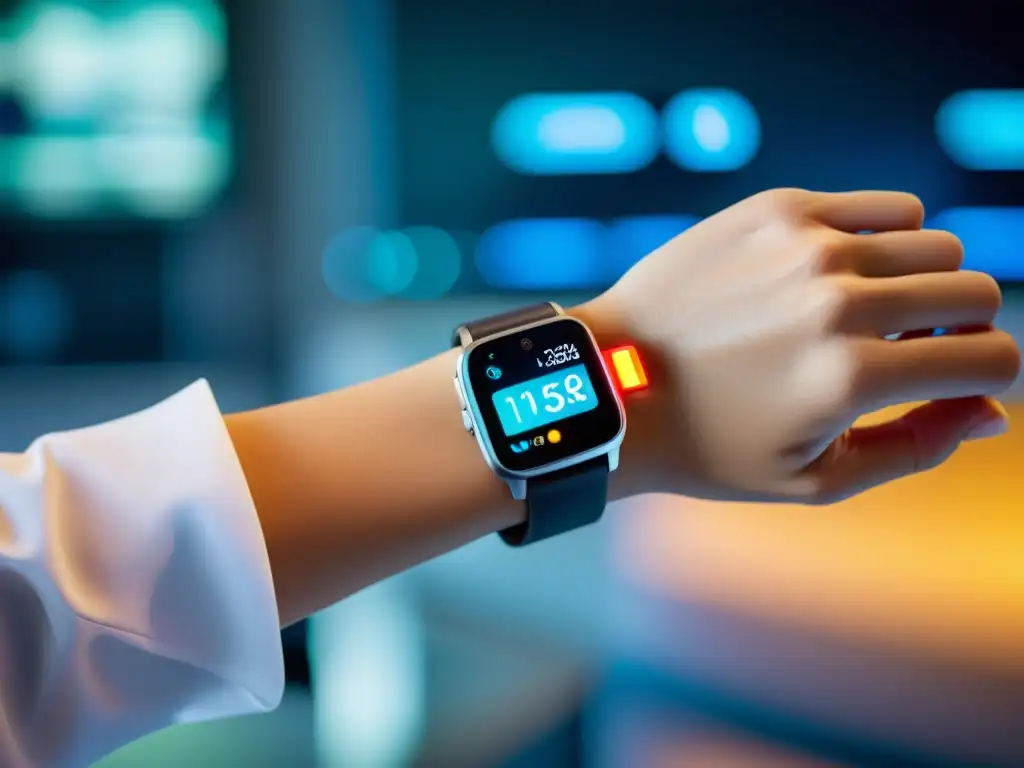 Avanzada salud virtual con wearables de vanguardia Persona usando dispositivo wearable futurista en entorno médico avanzado, reflejando la telemedicina para consultas inmunológicas