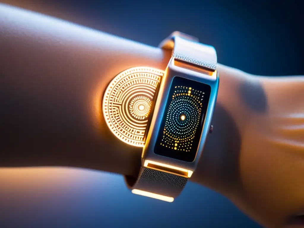 Brillante wearable futurista en mano Una persona usa un dispositivo wearable futurista en la muñeca, emitiendo un brillo cálido