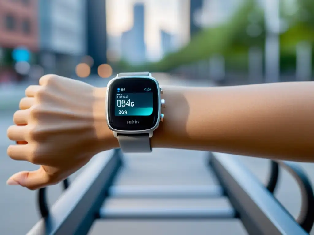 Dispositivo futurista muestra datos de salud en tiempo real Persona usando un dispositivo wearable futurista en la muñeca con pantalla transparente mostrando datos de salud e inmunidad en tiempo real