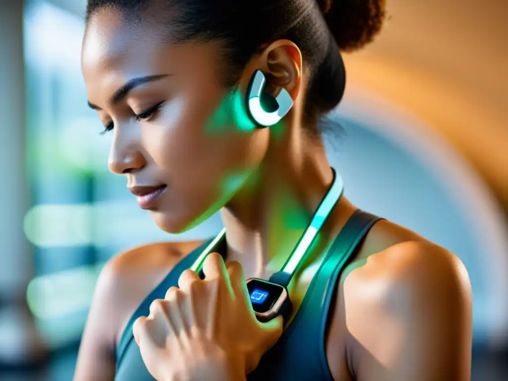 Dispositivo futurista para mejorar la salud inmunitaria Una persona usando un dispositivo wearable futurista para fortalecer el sistema inmunológico, mostrando un estilo de vida saludable