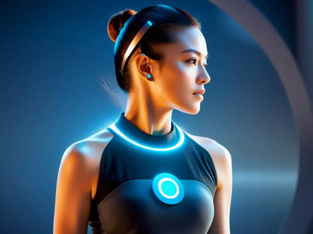 Dispositivo futurista muestra datos del sistema inmunológico Una persona usando un dispositivo wearable futurista que muestra datos en tiempo real del sistema inmunológico
