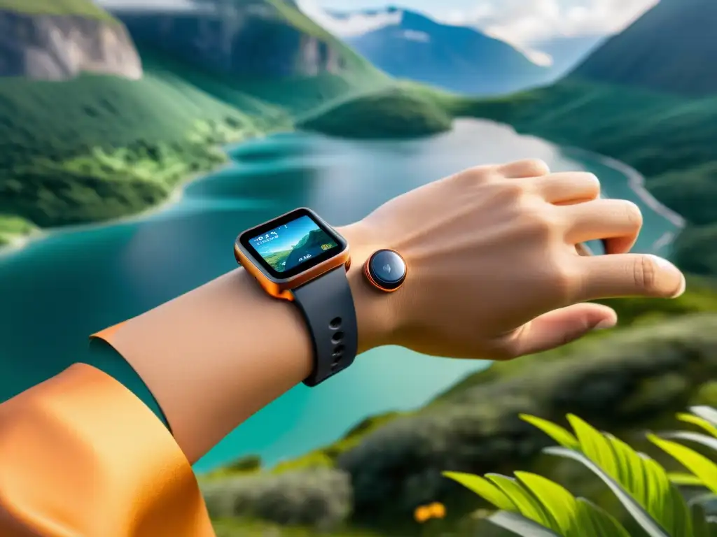 Monitor de salud al aire libre: tecnología futurista en la naturaleza Persona usando un dispositivo wearable futurista para alertas de salud ambiental en la naturaleza