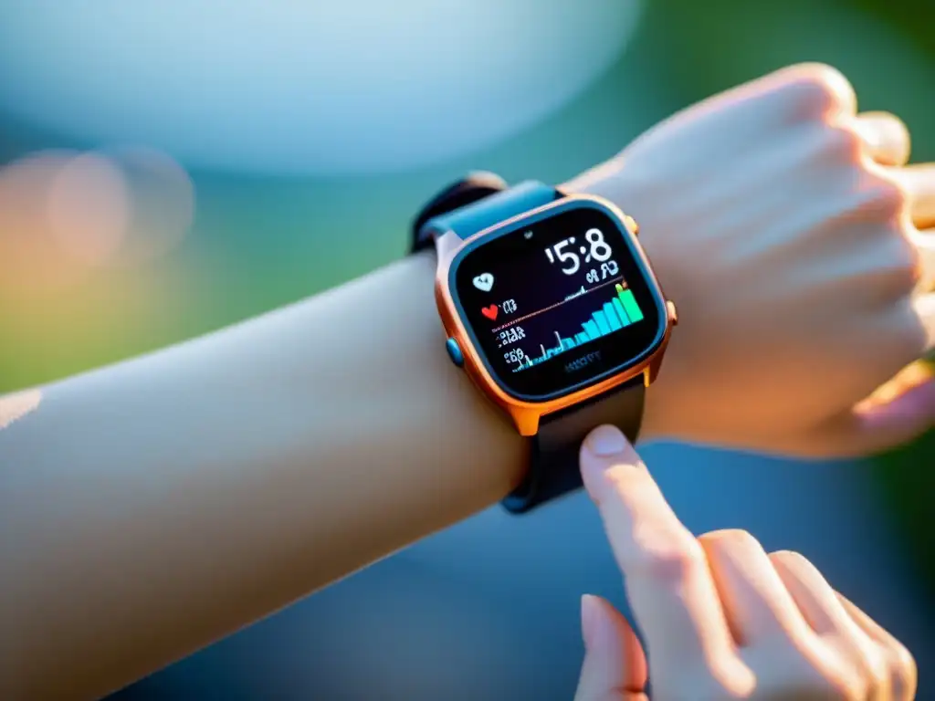 Una persona usando un dispositivo wearable moderno que monitorea la salud en un entorno tecnológico avanzado