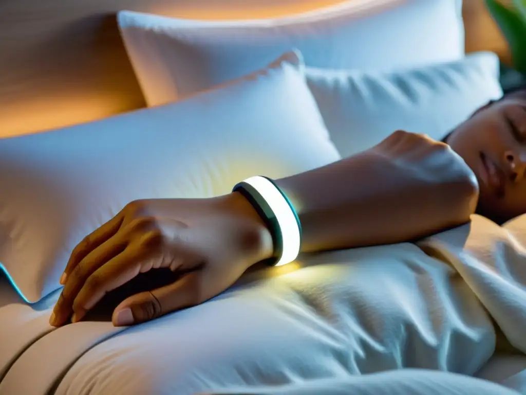 Mejora tu sueño con tecnología inteligente Una persona usa un dispositivo wearable moderno en la muñeca mientras duerme, iluminado con luz suave