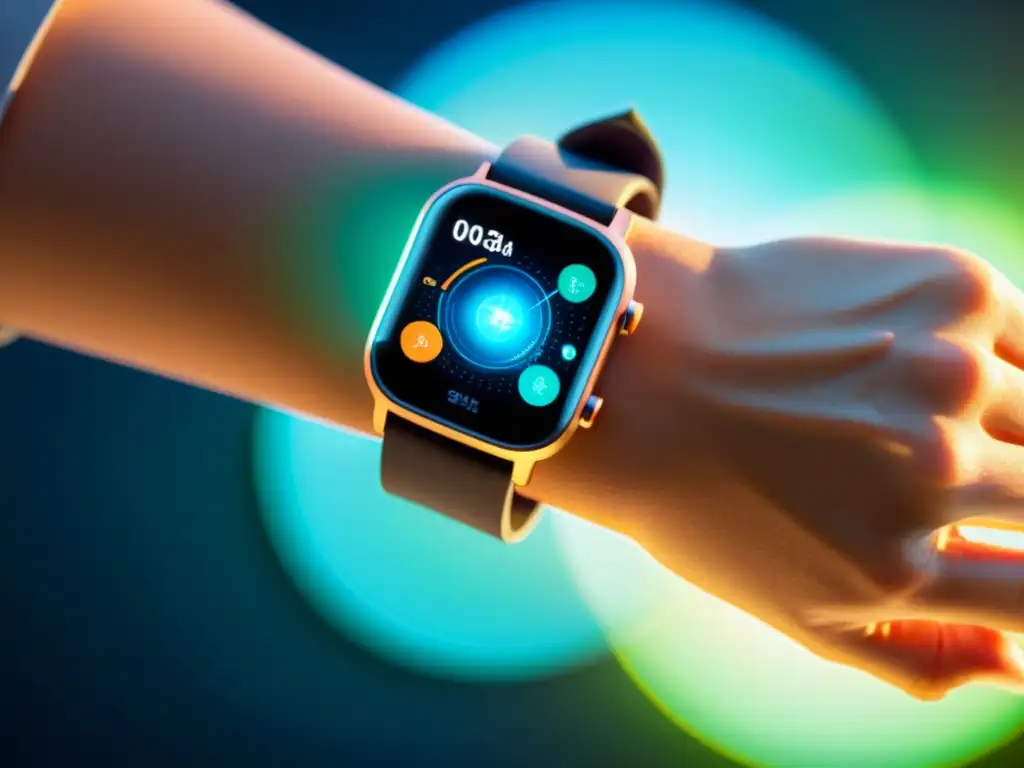Monitoreo Inmune Avanzado: Empoderamiento Tecnológico Una persona utiliza un dispositivo wearable con monitoreo inmunológico, rodeada de tecnología futurista y gráficos científicos
