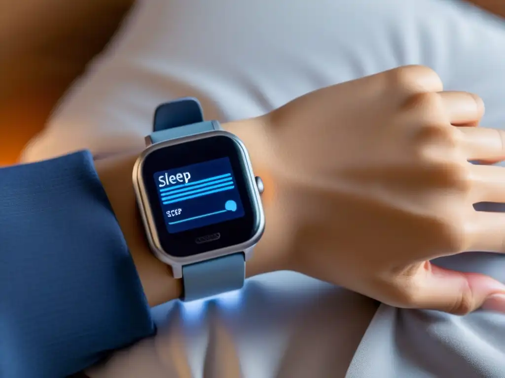 Monitor de sueño de alta tecnología en ambiente futurista Persona con dispositivo wearable para mejorar el sistema inmunológico en un entorno de sueño hightech y sereno