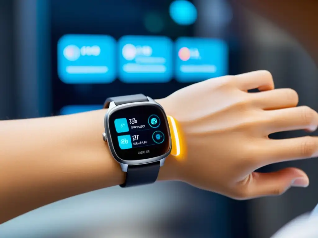 Avance médico: dispositivo de salud inmune en acción Persona con dispositivo wearble mostrando monitoreo inmunológico en futurista instalación médica