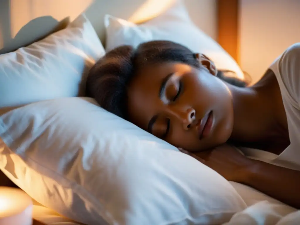 Serenidad nocturna: retrato detallado de una persona durmiendo en paz Una persona dormida en una cama cómoda, con una expresión serena, iluminada por la suave luz de la luna
