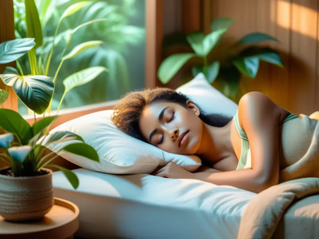 Sueño reparador en entorno tranquilo y acogedor Una persona duerme pacíficamente en un dormitorio acogedor y soleado, rodeada de lujosa ropa de cama y plantas verdes