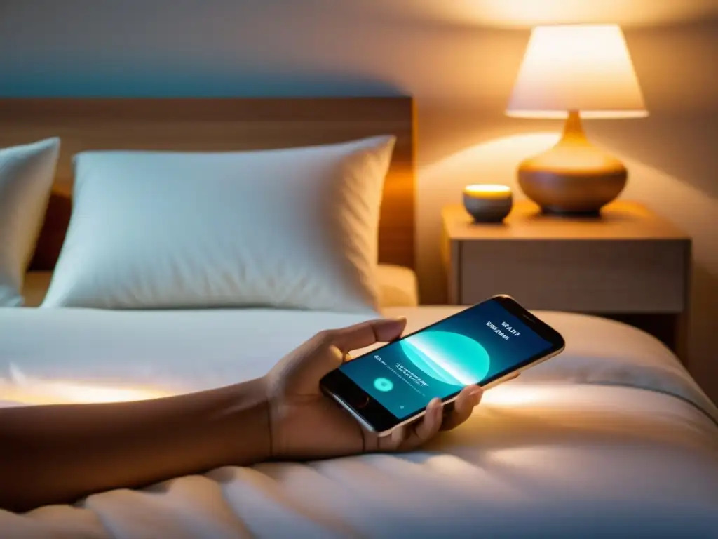 Tranquilidad en el dormitorio: meditación con app Persona durmiendo placenteramente en un dormitorio acogedor con la suave luz de una app de meditación en la mesa de noche