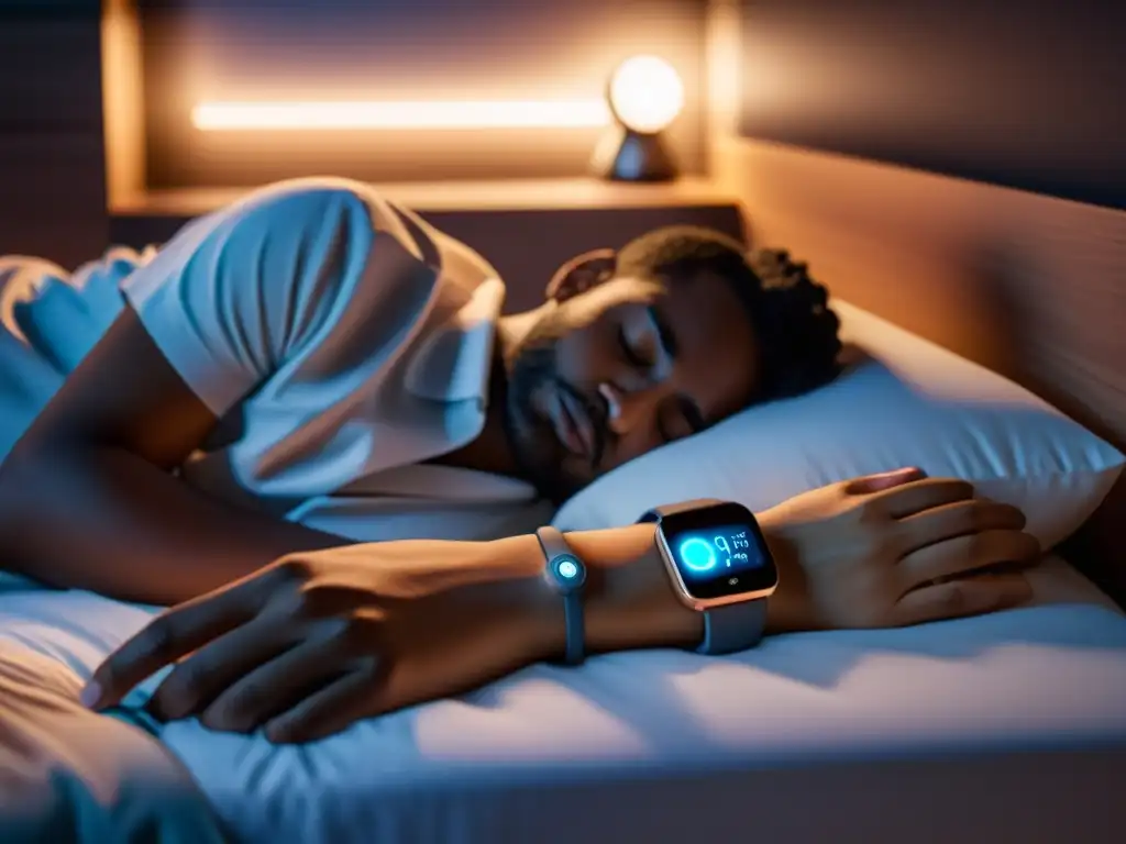 Monitoreo del sueño y sistema inmunológico: una imagen en 8k Una persona duerme pacíficamente en un dormitorio acogedor y tenue, con un dispositivo futurista de monitorización del sueño en la muñeca