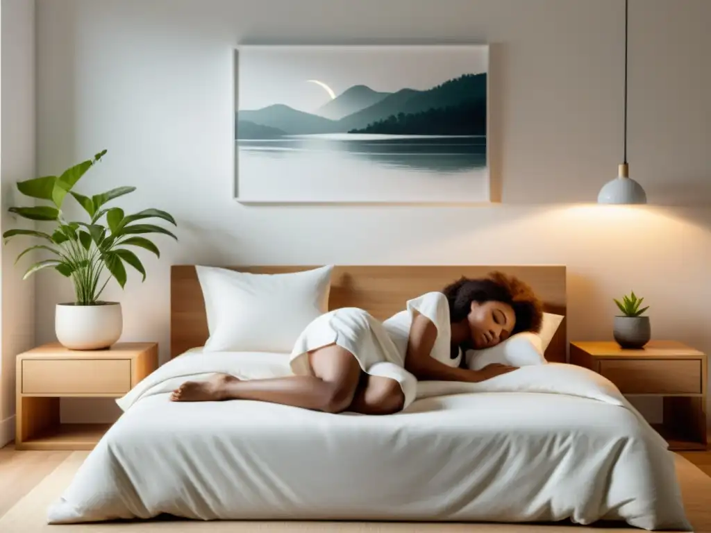 Descanso tranquilo en dormitorio minimalista Persona durmiendo en un dormitorio minimalista y moderno, rodeada de tranquilidad
