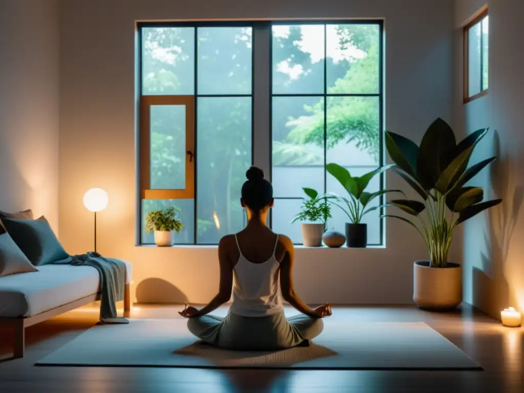 Espacio de meditación sereno en un dormitorio moderno Persona meditando en dormitorio moderno, iluminación suave