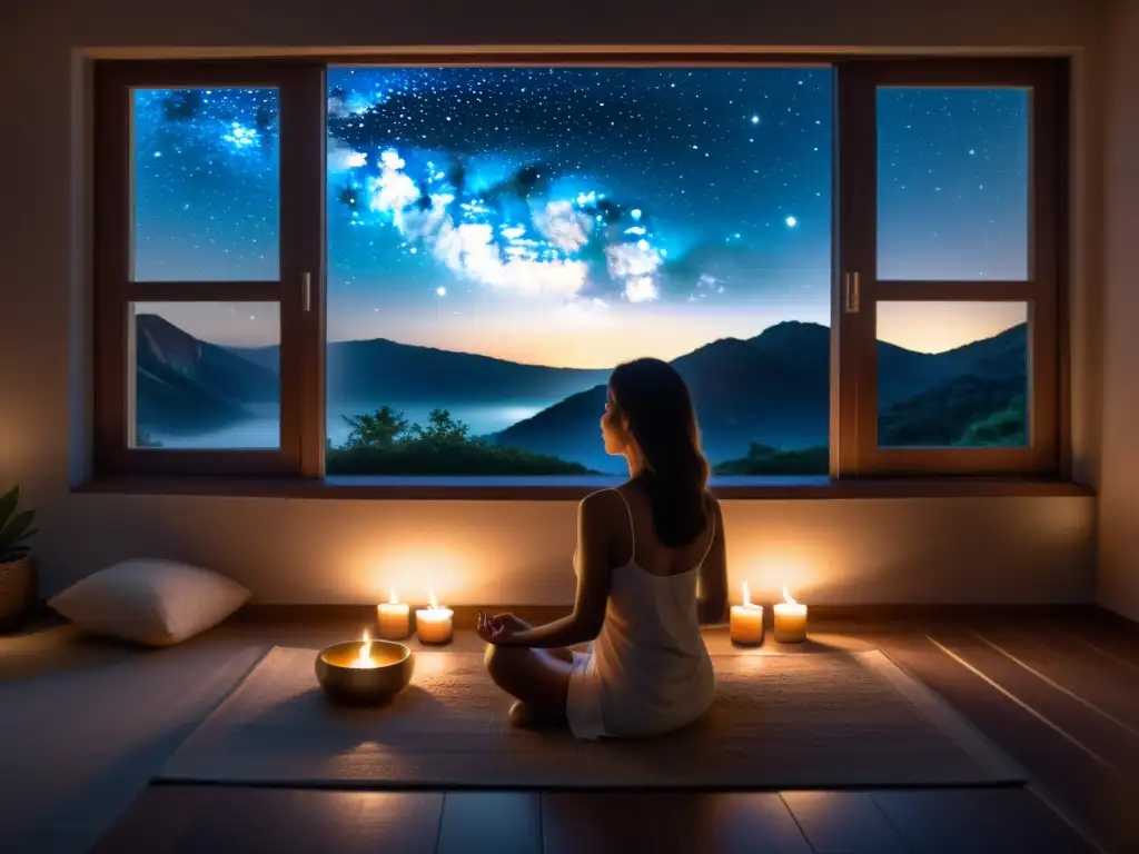 Mediación serena bajo un cielo estrellado Persona meditando en un dormitorio sereno iluminado por la luz de la luna y velas, rodeada de tranquilidad