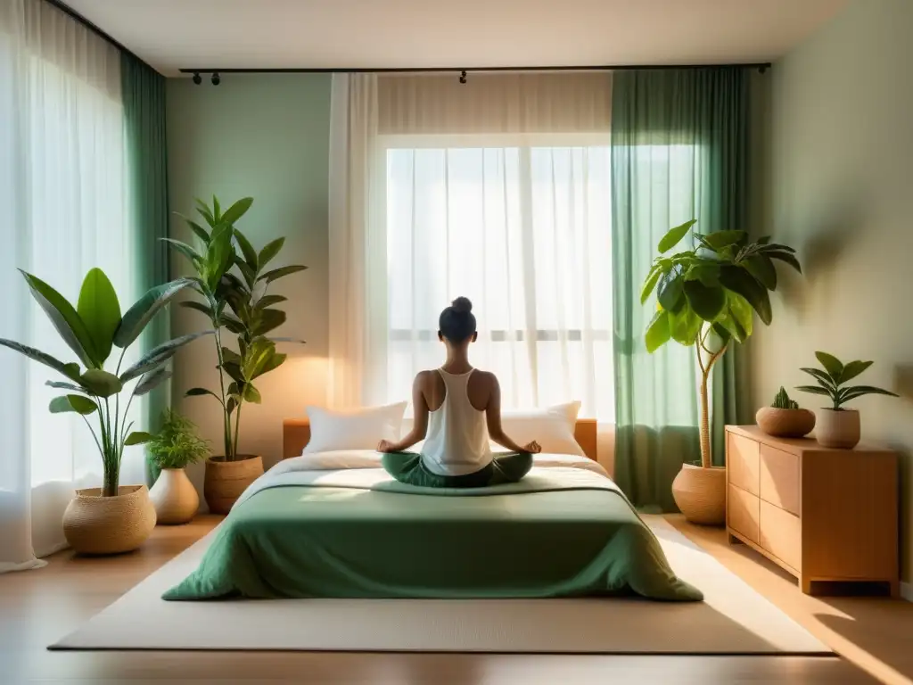 Espacio de meditación sereno con luz natural y plantas verdes Persona meditando en un dormitorio sereno, con luz natural suave y plantas verdes, beneficiando la calidad del sueño
