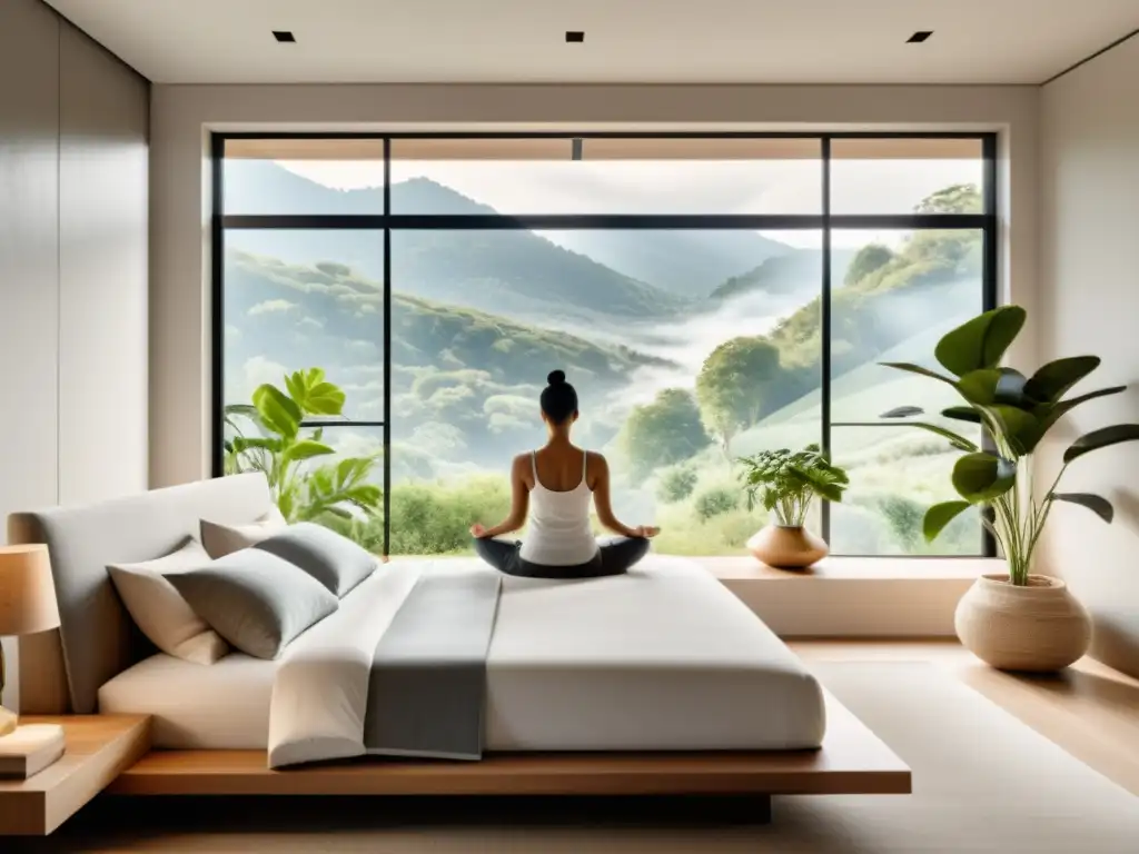 Espacio de meditación sereno en dormitorio moderno con vistas naturales Persona meditando en un dormitorio sereno con decoración minimalista y vistas a la naturaleza, promoviendo ritmos biológicos sistema inmunológico