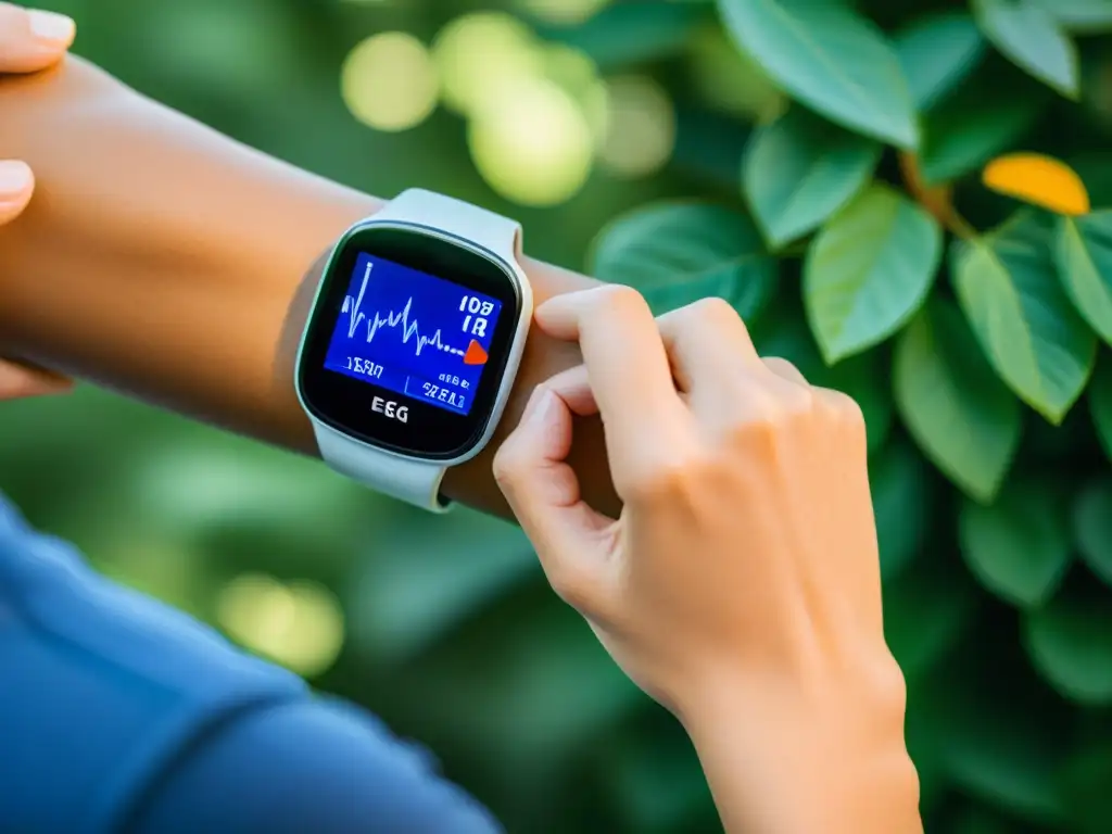 Persona activa usando un ECG portátil en la naturaleza Una persona usa un ECG portátil mientras hace ejercicio al aire libre, rodeada de exuberante vegetación, transmitiendo vitalidad y salud inmunológica