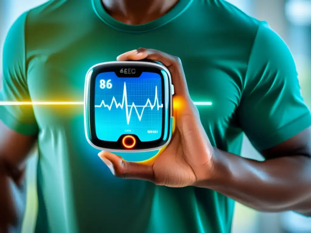 Vitalidad futurista: Persona con ECG portátil Persona usando un ECG portátil en un entorno médico moderno, proyectando vitalidad y control sobre su salud inmunológica