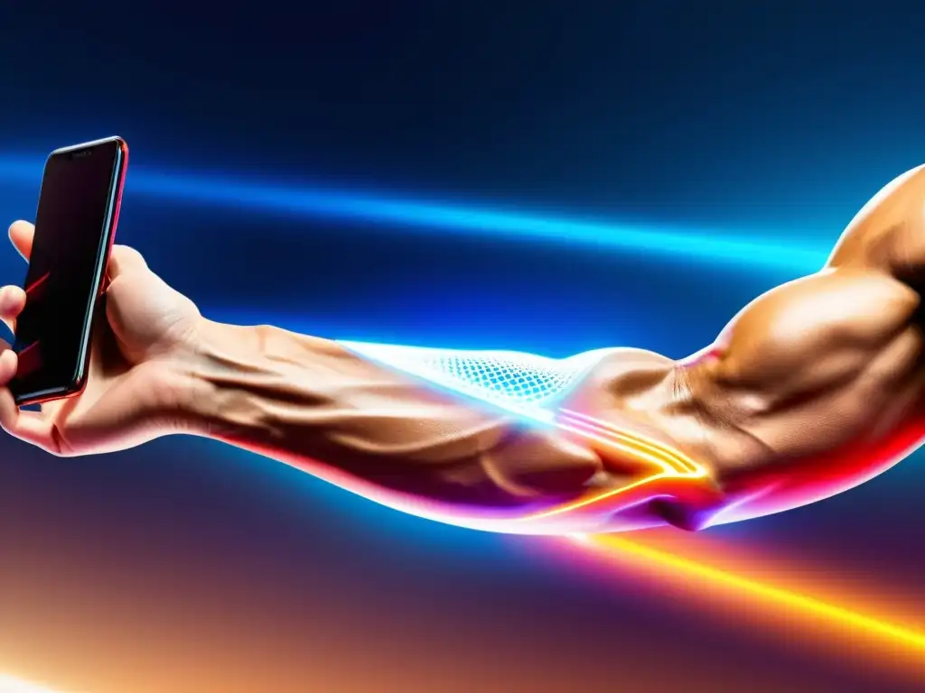 Sudor y Tecnología: Entrenamiento Dinámico en Gimnasio Futurista Persona haciendo ejercicio dinámico con app de fitness mostrando planes de entrenamiento salud inmunológica en futurista gimnasio vibrante