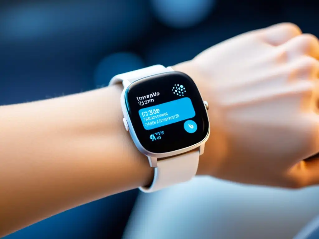 Avance inmunológico: Tecnología wearable de vanguardia para la salud Persona con elegante dispositivo wearable que muestra datos del sistema inmunológico, en un entorno de laboratorio futurista